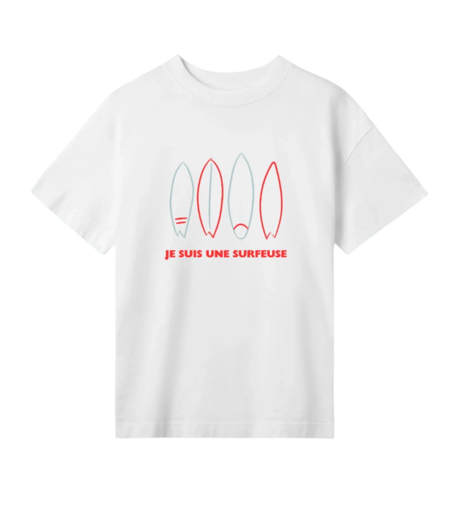 Women's OVERSIZED tee | Je suis une surfeuse | surf boards | off white |